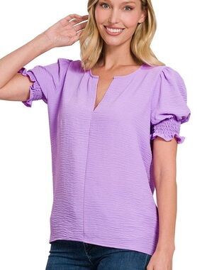Zenana Outfitters Lilac Puff-Sleeve Split-Neck Top